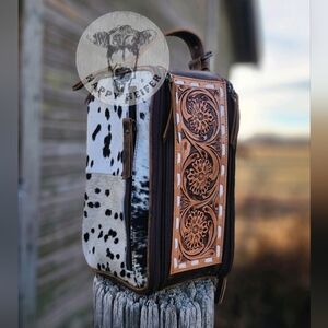 Black And White Cowhide Floral Handtooled Leather Western Cosmetic Bag